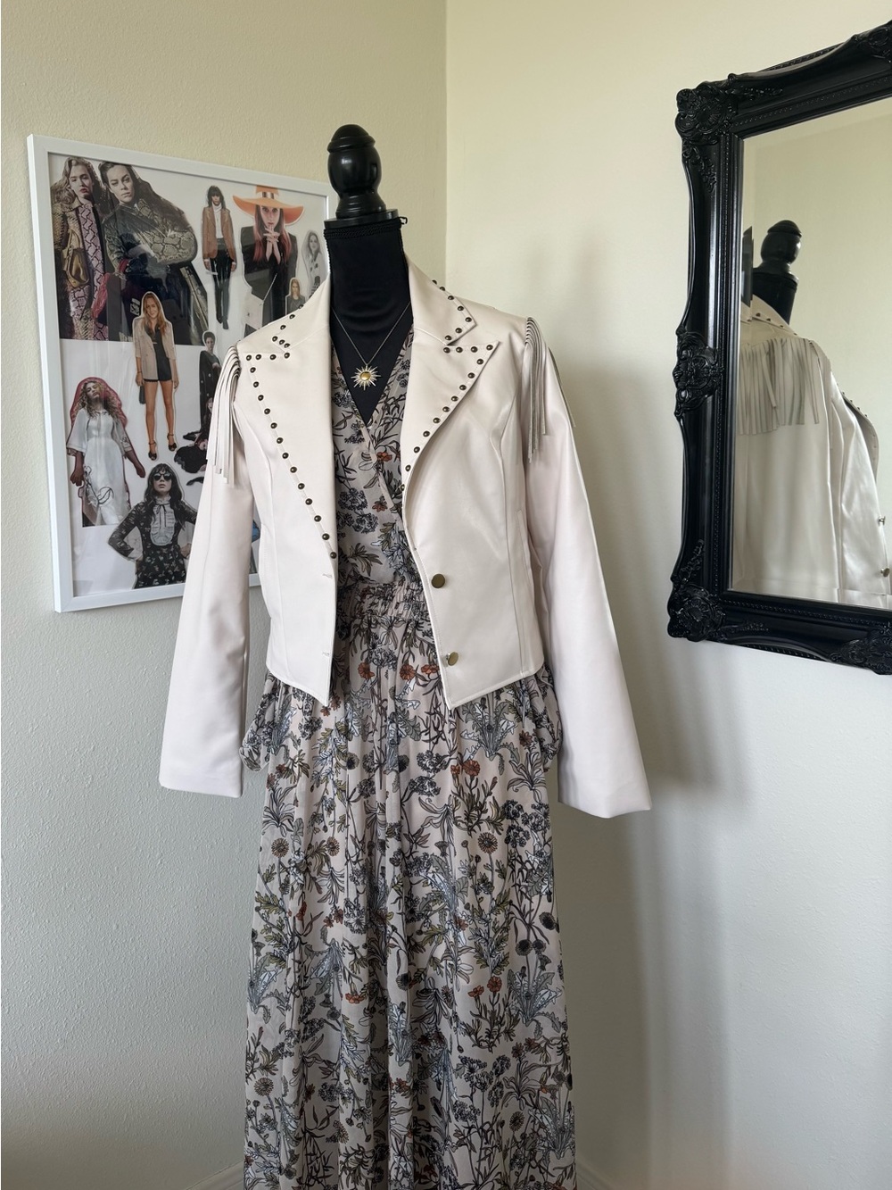 Le Lis Cream Studded Fringe Vegan Leather Jacket